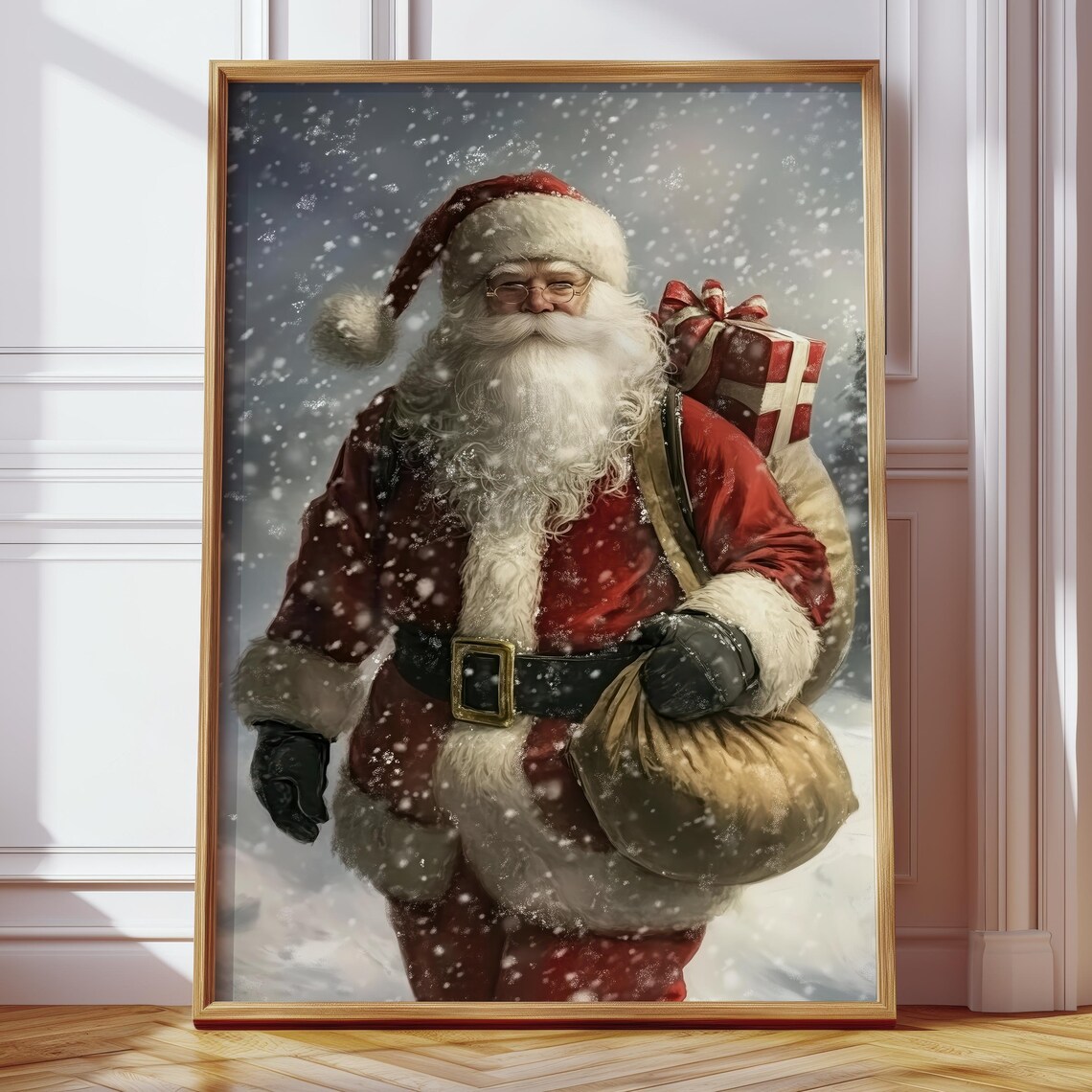 Santa Claus Carrying Gifts in Falling Snow Christmas Painting Poster - Image 4