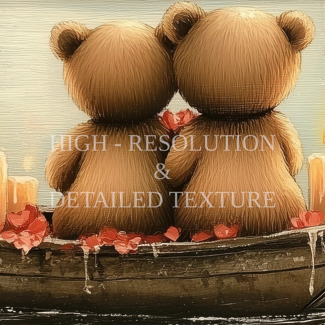 Two Teddy Bears in Rowboat on Moonlit Lake Romantic Art Poster - Image 2