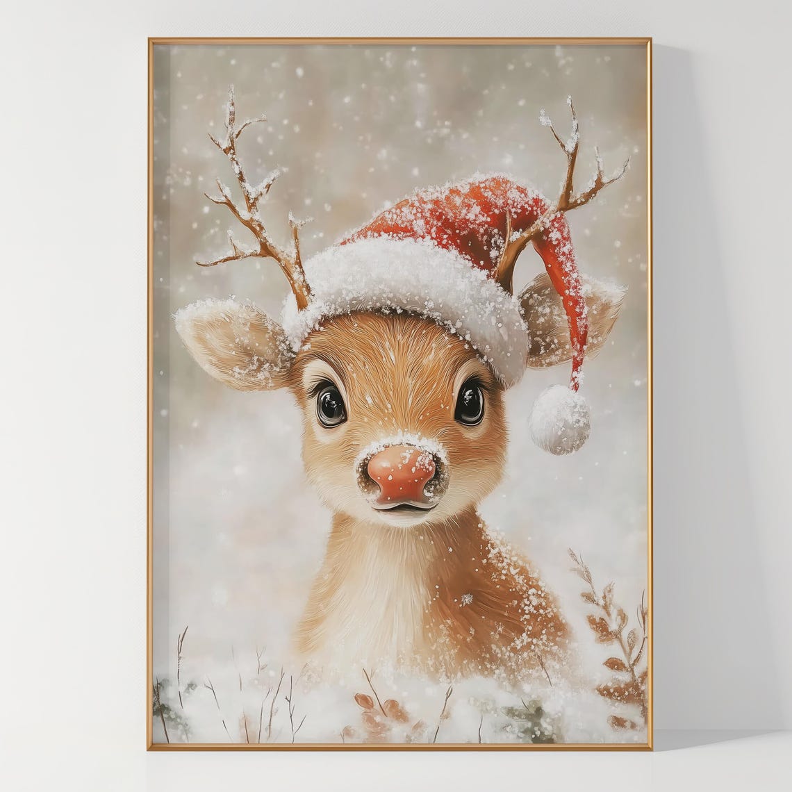 Cute Baby Reindeer Wearing Santa Hat with Red Nose in Snow Poster
