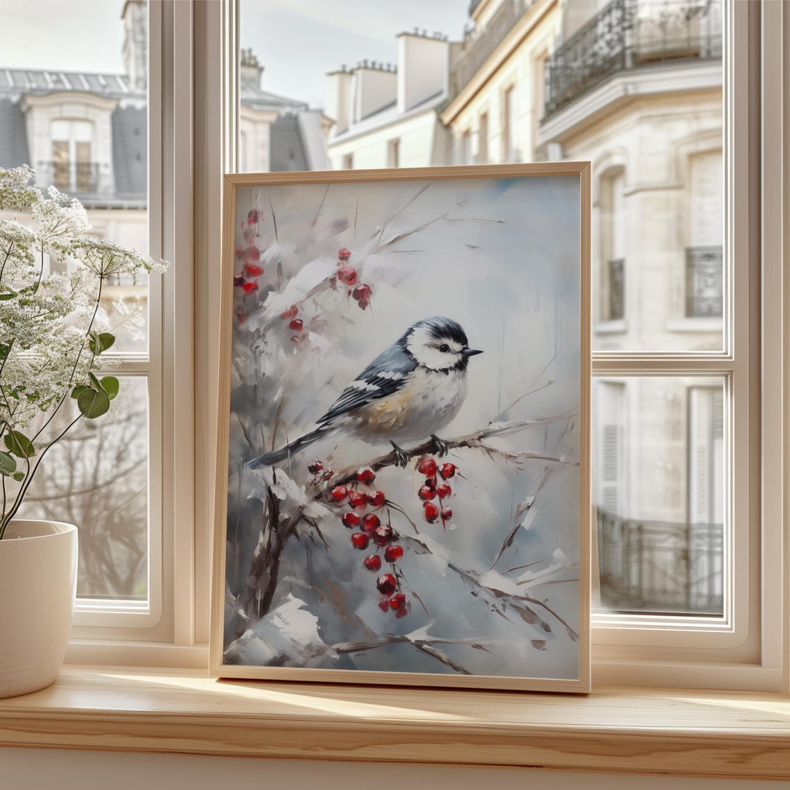 Chickadee on a Snowy Branch with Red Winter Berries Painting Poster - Image 2