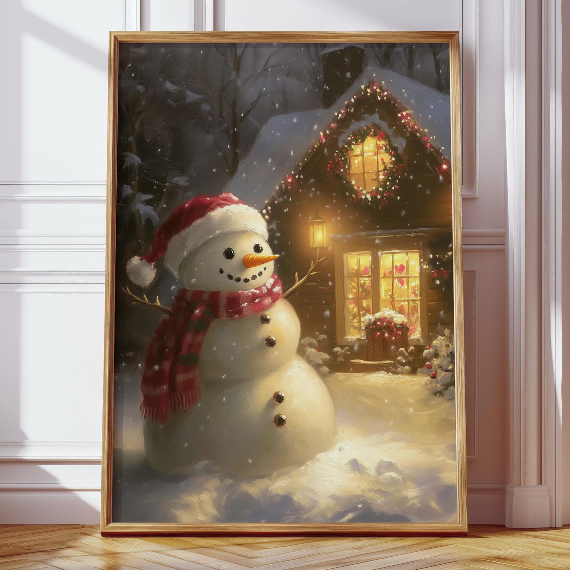 Snowman by Glowing Christmas Cabin at Night Holiday Art Poster - Image 4