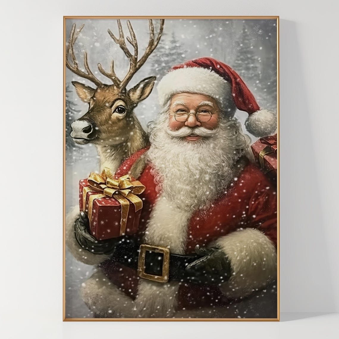 Santa Reindeer Oil Painting Art Print Vintage Wall Art Christmas Holiday Decor Santa And Reindeer Winter Xmas Holiday Art Print