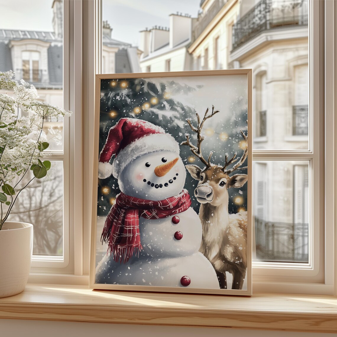 Smiling Snowman with Plaid Scarf and Reindeer Christmas Poster - Image 3