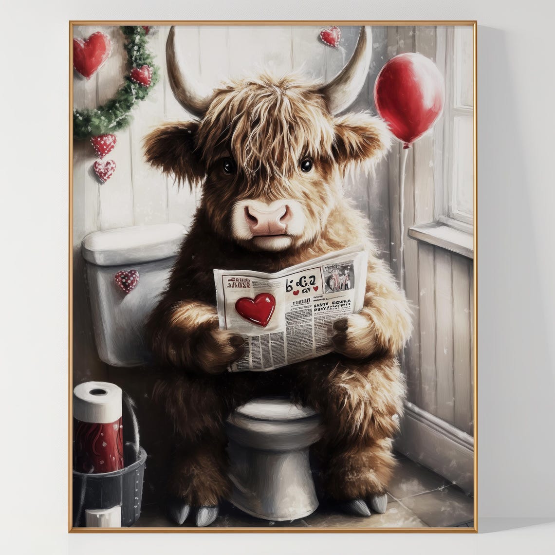 Highland Cow on Toilet Reading Newspaper Funny Valentine Poster