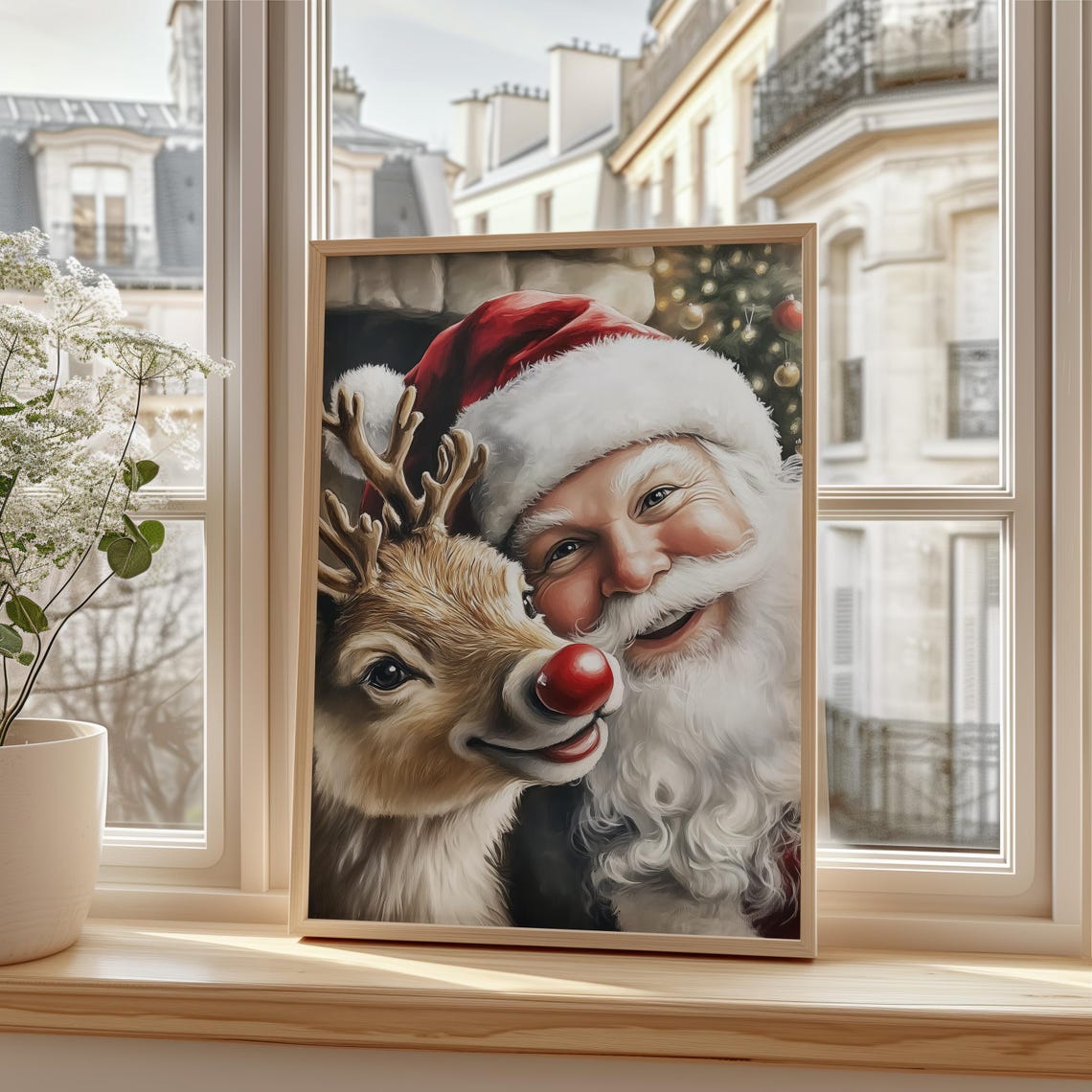 Santa Reindeer Oil Painting Art Print Vintage Wall Art Christmas Holiday Decor Santa And Red Nose Reindeer Xmas Holiday Art Print - Image 3