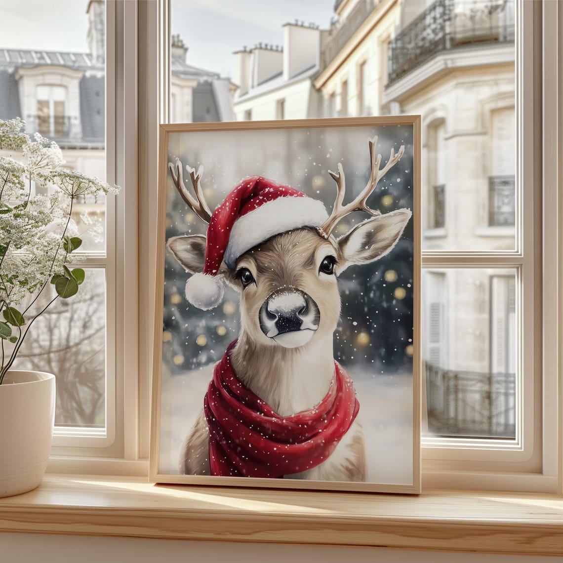 Cute Reindeer in Santa Hat and Red Scarf Christmas Portrait Poster - Image 4