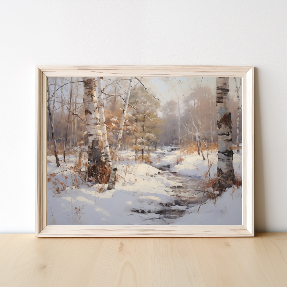 Birch Trees in a Snowy Forest by a Winter Stream Painting Poster