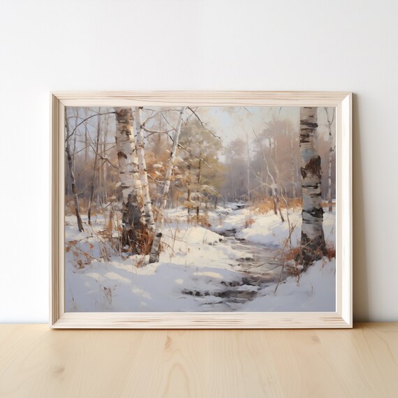 Birch Trees in a Snowy Forest by a Winter Stream Painting Poster