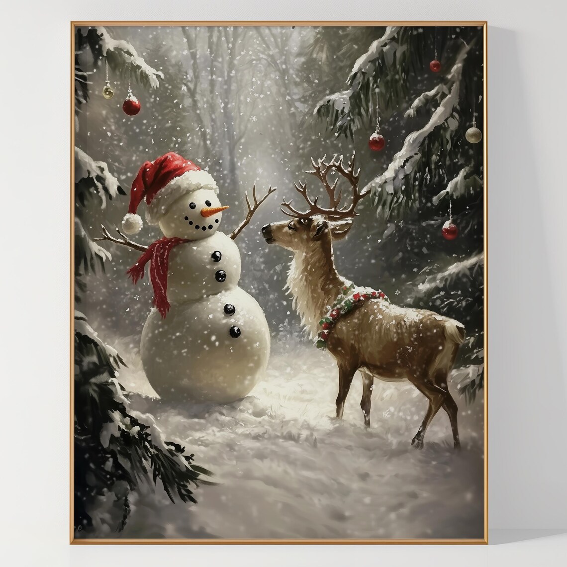 Cheerful Snowman and Reindeer Friends Meeting in Snowy Forest Poster