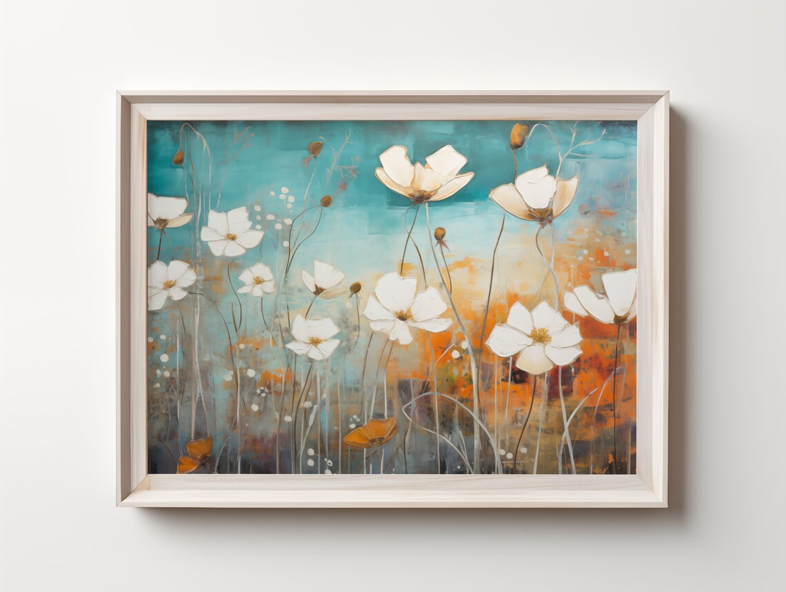 White Cosmos Flowers on Teal and Orange Abstract Floral Poster