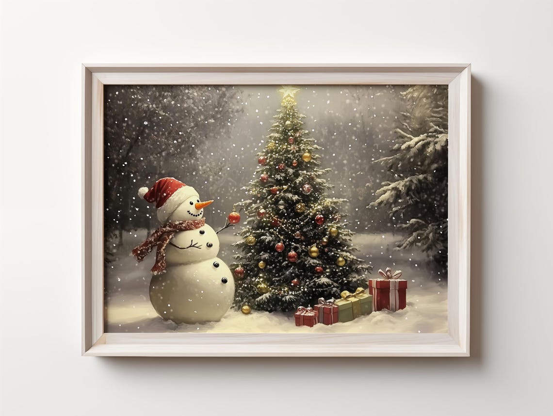 Snowman by a Decorated Christmas Tree with Gifts Winter Poster