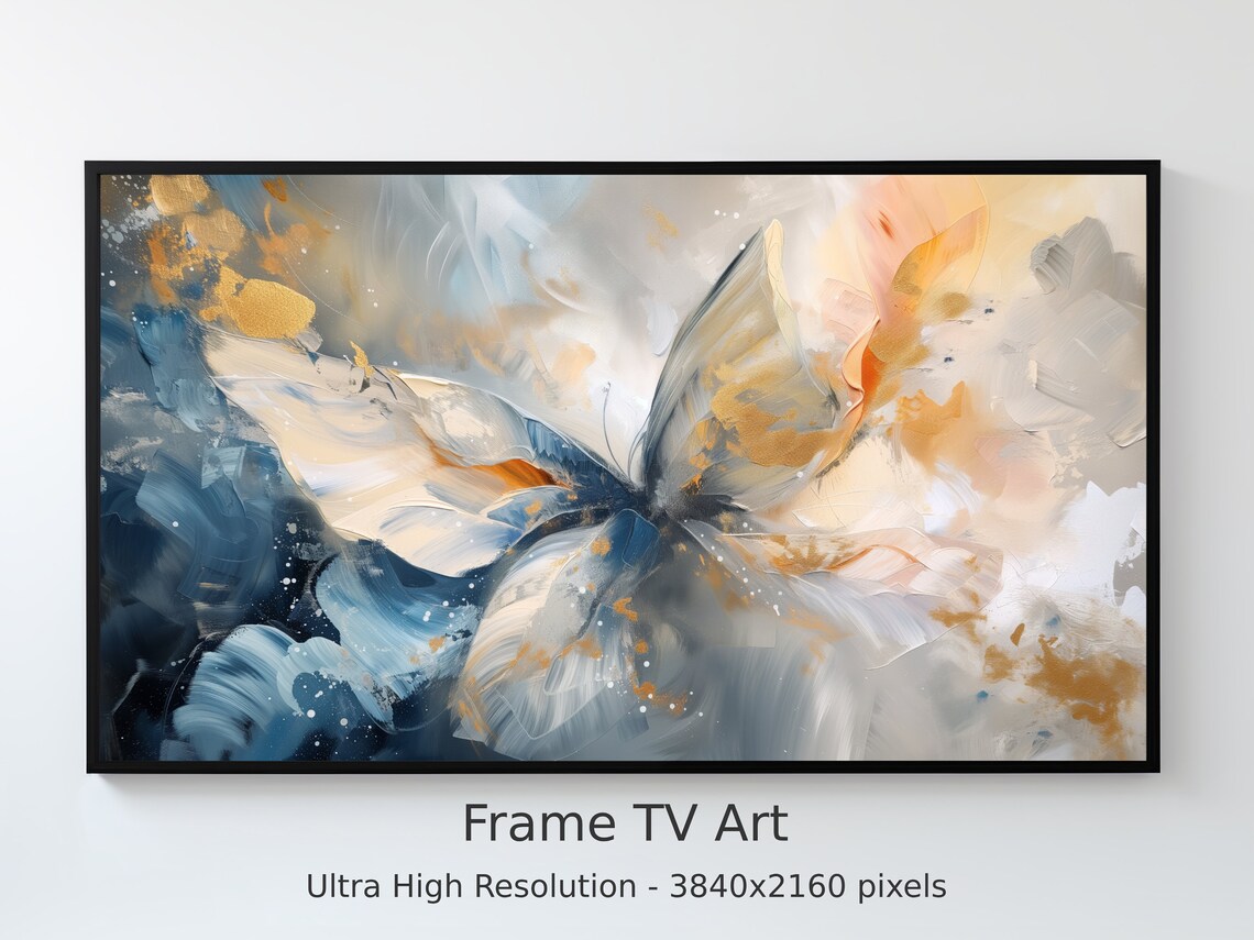 Abstract Blue and Gold Butterfly Frame TV Art Painting Poster