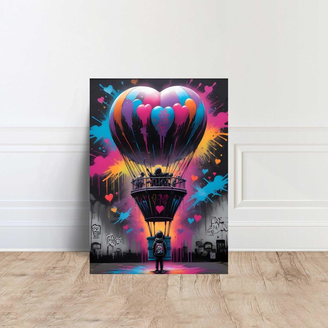 Heart Shaped Hot Air Balloon Neon Paint Splash Graffiti Love Art Poster
