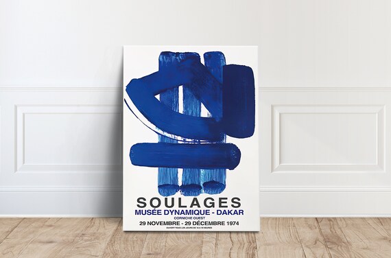Pierre Soulages 1974 Dakar Exhibition Blue Brushstroke Poster