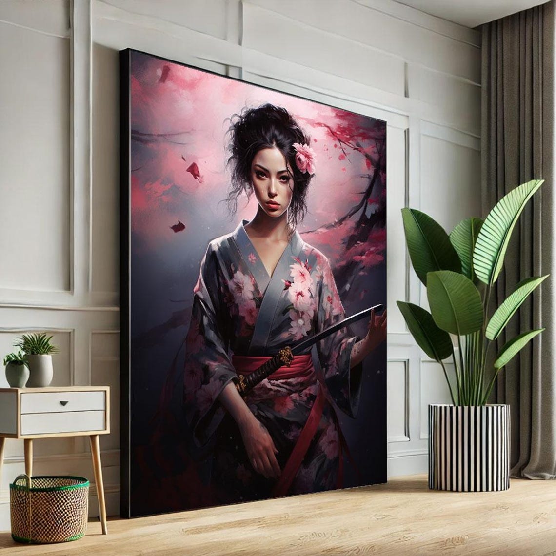 Geisha Warrior Katana Cherry Blossom Romantic Pink Japanese Art Poster