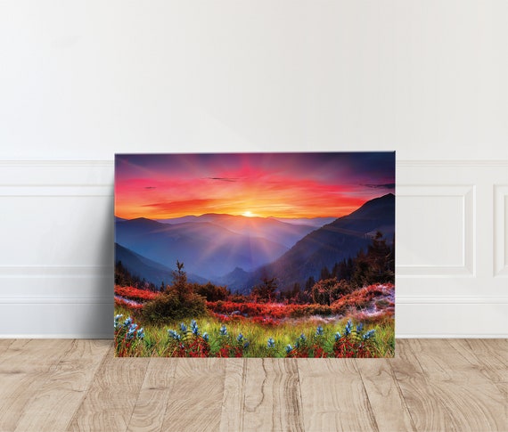 Wide Sunset Mountain Print Poster Canvas Wall Art
