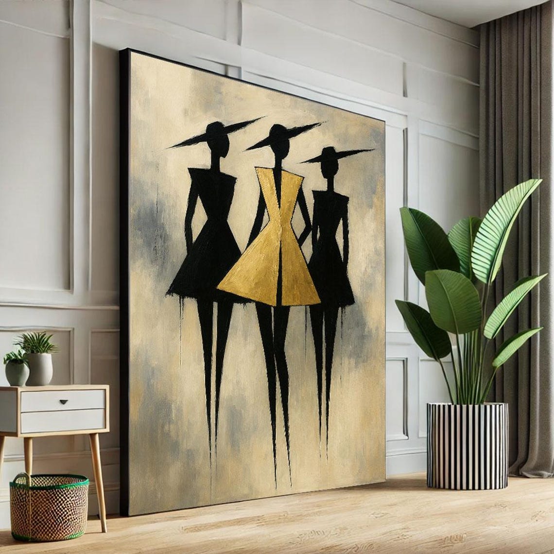 Three Elegant Fashion Silhouettes Black Gold Hats Chic Art Poster