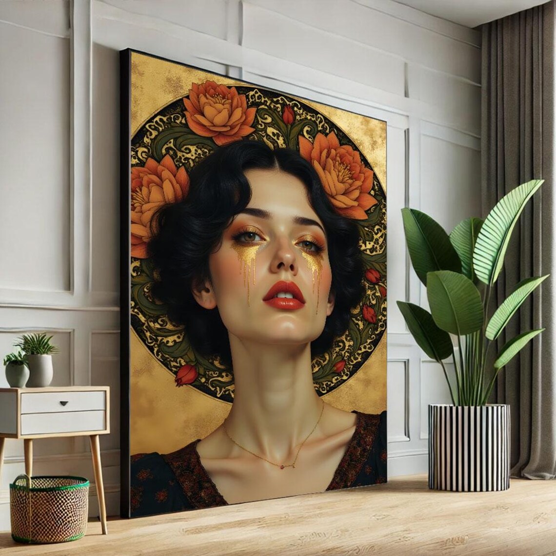 Elegant Vintage Woman Golden Tears Floral Halo Art Nouveau Poster