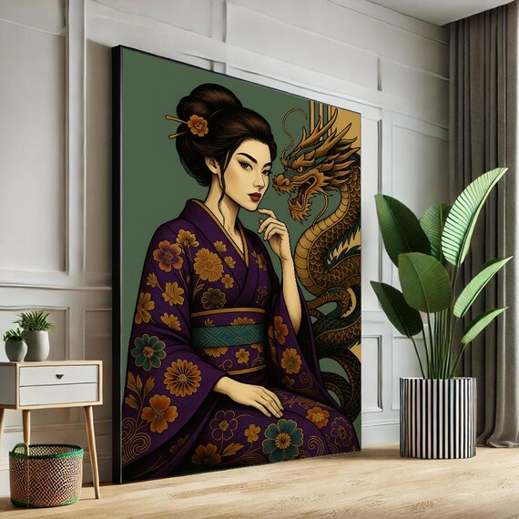 Japanese Geisha With Dragon Canvas Wall Art Print Elegant Oriental Living Room Decor Statement Piece
