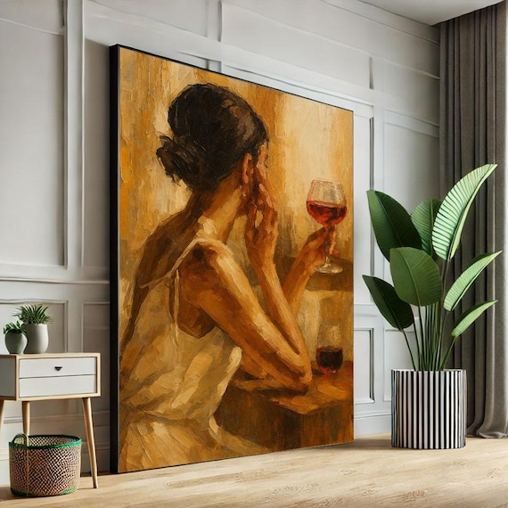 Elegant Woman Enjoying Wine Glass Warm Tones Oil Painting Poster