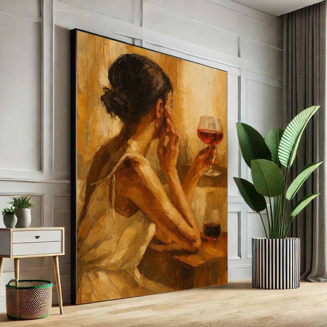 Elegant Woman Enjoying Wine Glass Warm Tones Oil Painting Poster