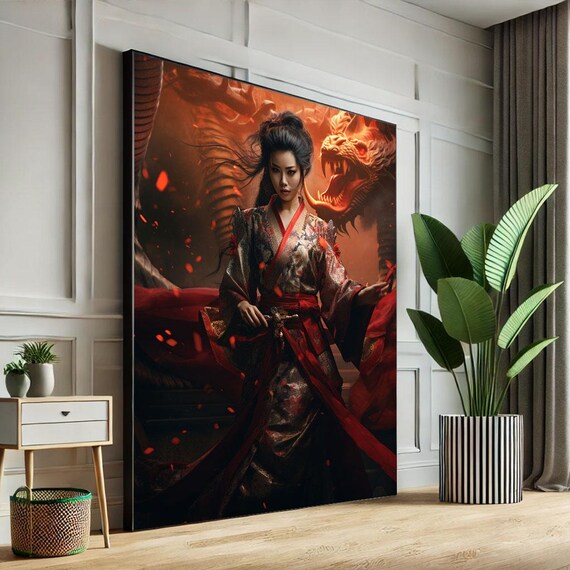 Empowering Samurai Woman With Dragon Canvas Wall Art Print Bold Living Room Decor Statement Piece