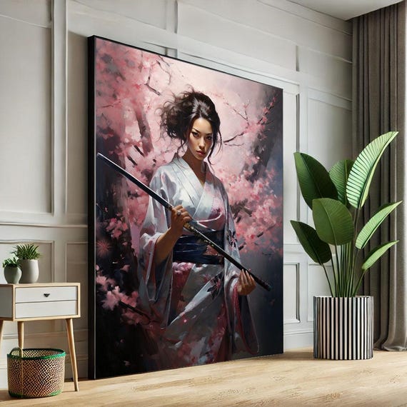 Samurai Woman In Cherry Blossoms Canvas Wall Art Print Elegant Japanese Style Living Room Decor Statement Piece