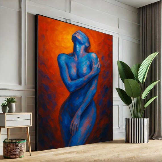 Blue Female Figure Fiery Orange Background Expressionist Poster