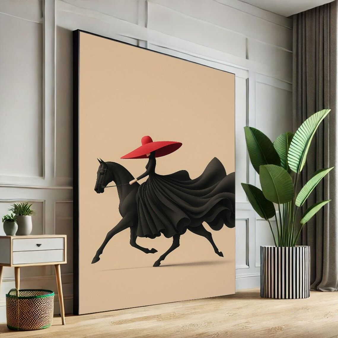 Minimalist Woman Red Hat Black Horse Riding Beige Art Poster