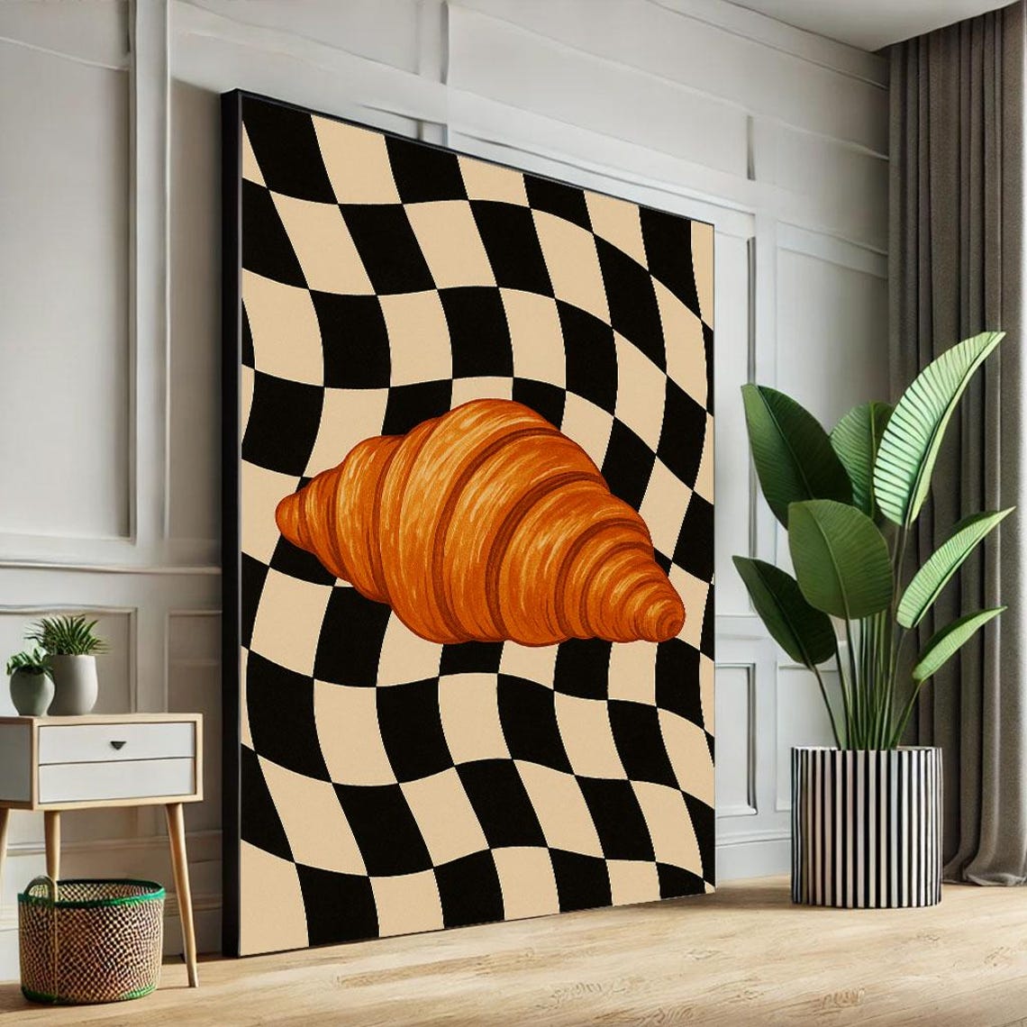 Golden Croissant Wavy Checkered Surreal Black Beige Kitchen Poster