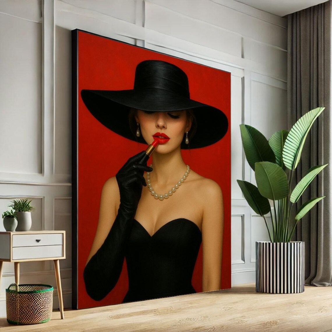 Woman Black Hat Red Lipstick Pearl Glamour Vintage Beauty Poster