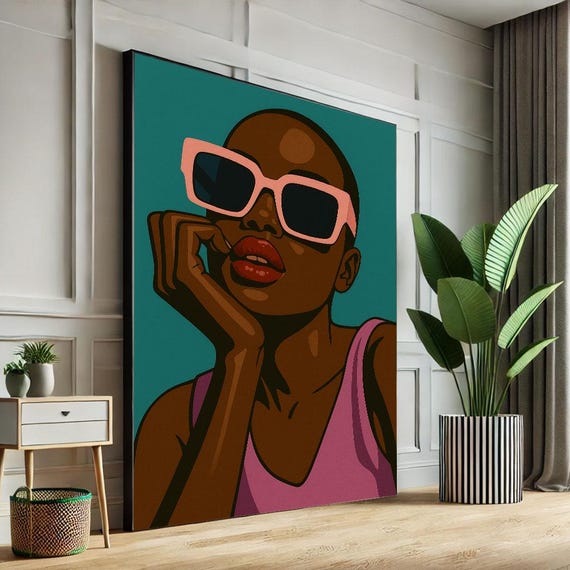 Bold African Woman With Sunglasses Canvas Wall Art Print Modern Living Room Decor Statement Piece