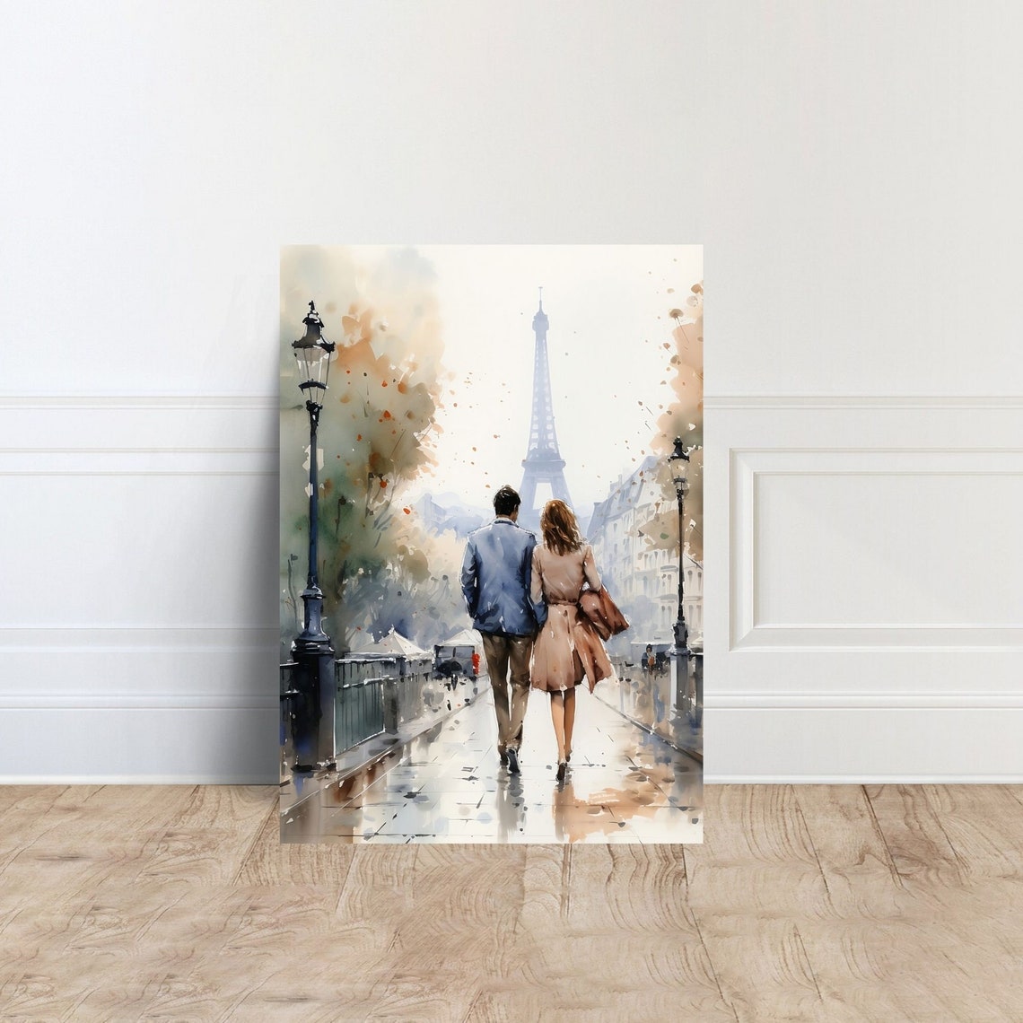 Romantic Paris Couple Watercolor Eiffel Tower Rainy Street Art Poster