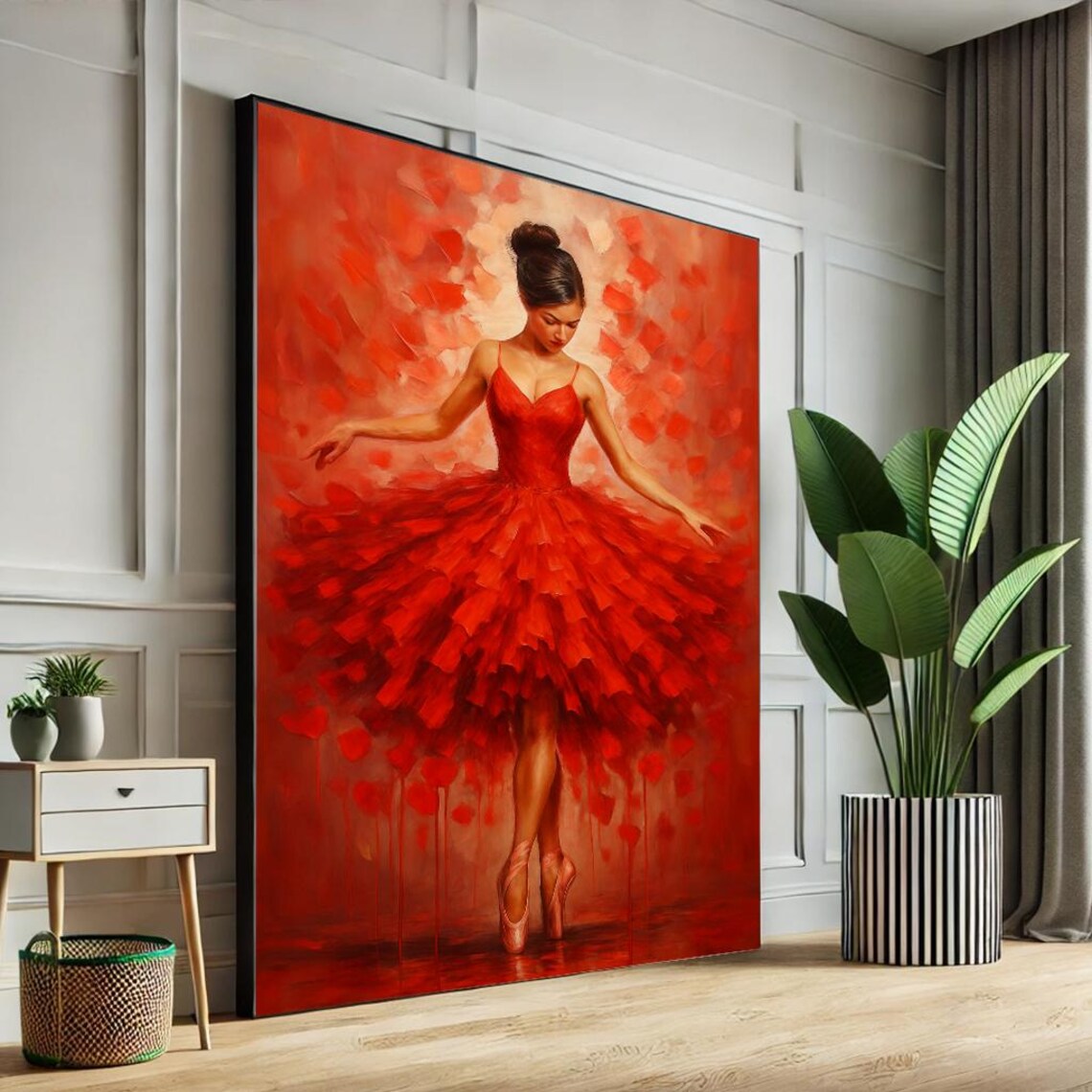 Red Tutu Ballerina Oil Painting Elegant Dancer All in Red Poster