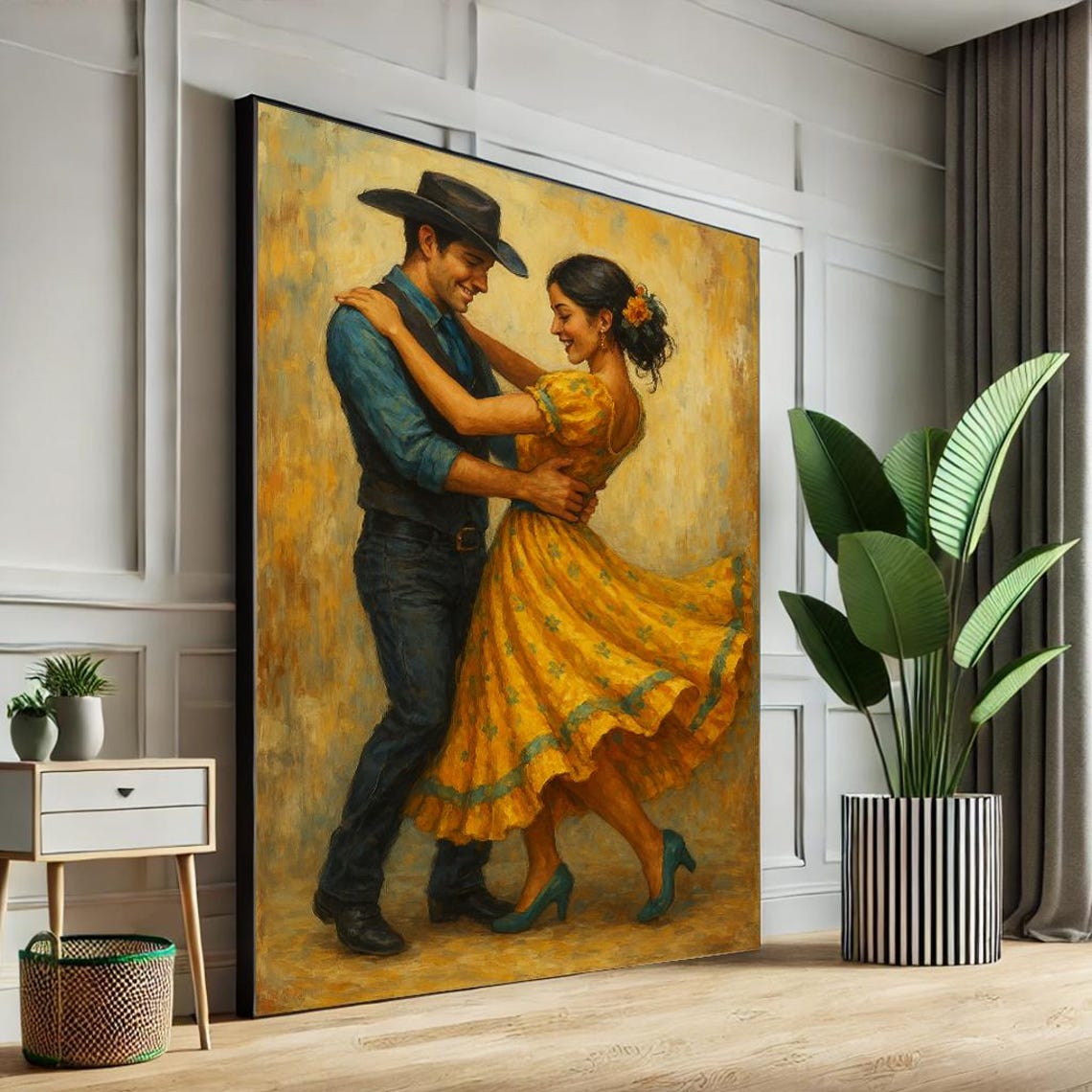 Cowboy Dancing with Woman Yellow Dress Western Romance Poster