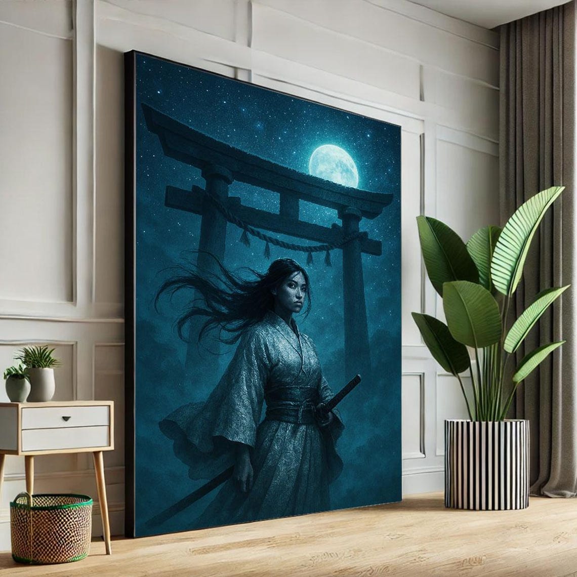 Mystical Samurai Woman Canvas Wall Art Print Bluetoned Living Room Decor Statement Piece