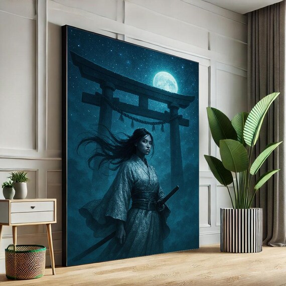 Samurai Woman Starry Moonlit Torii Gate Japanese Night Sky Poster