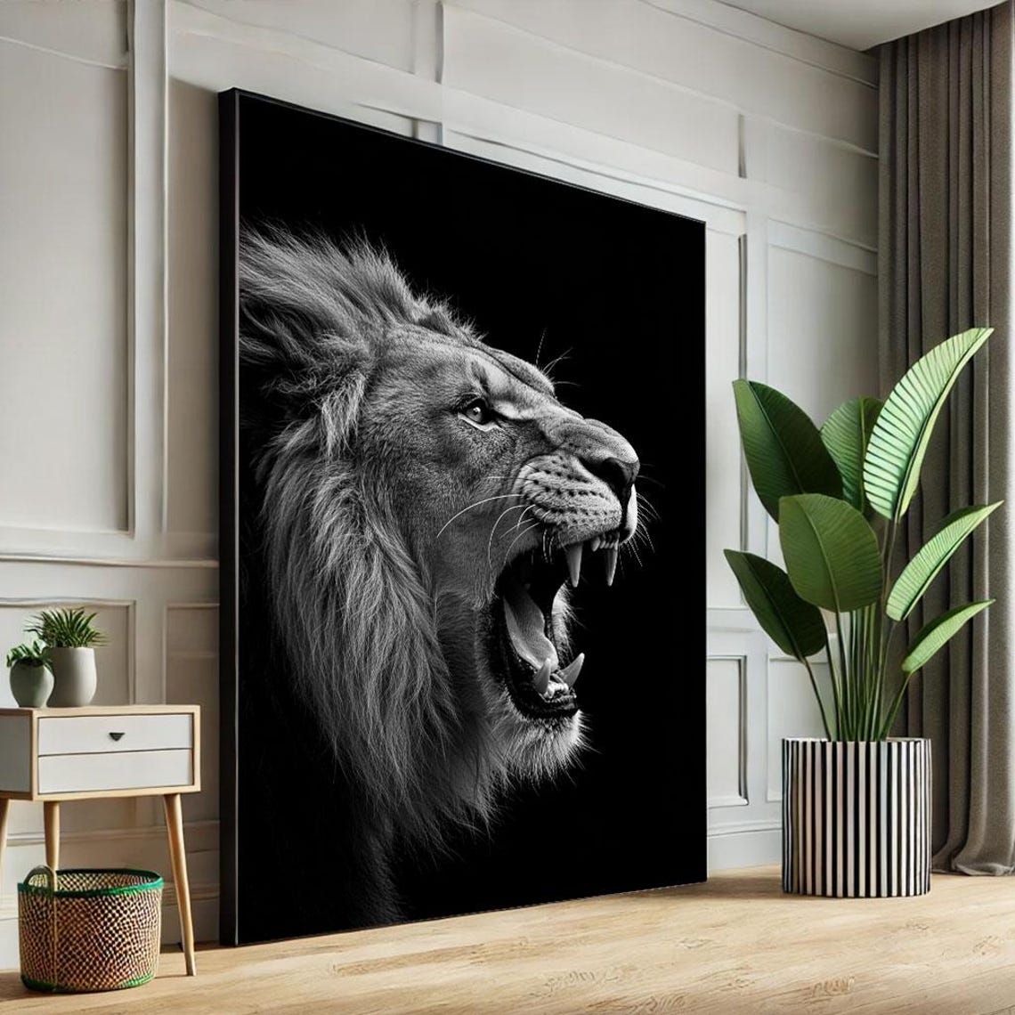 Majestic Roaring Lion Canvas Wall Art Print Bold Black And White Living Room Decor Statement Piece
