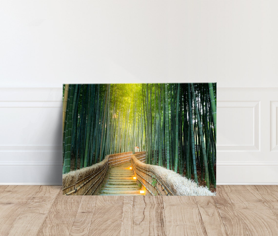 Kyoto Bamboo Forest Walkway Glowing Lanterns Stairs Scenic Poster