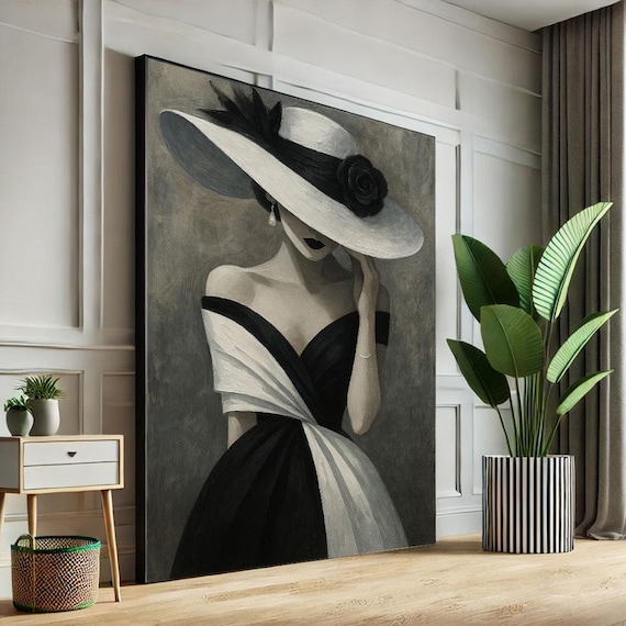 Black White Woman Wide Hat Feather Rose Elegant Fashion Poster