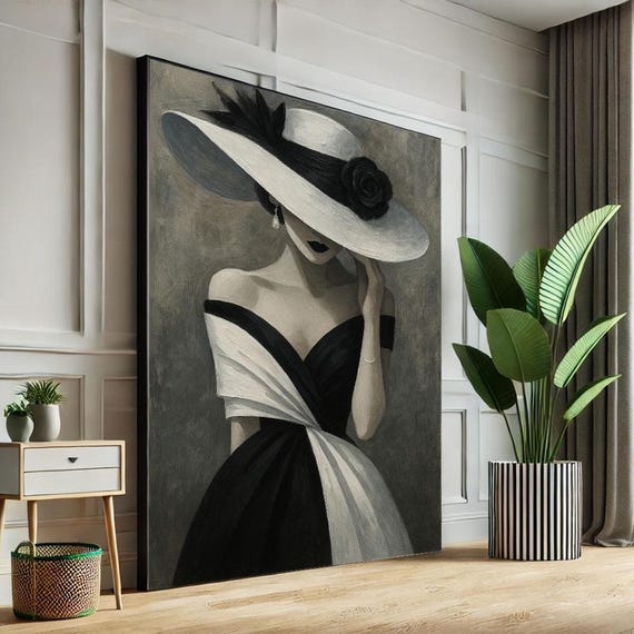 Elegant Black And White Woman Portrait Canvas Wall Art Modern Living Room Decor Statement Piece