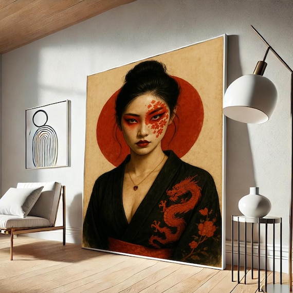 Geisha Warrior Woman Canvas Red Sun Japanese Wall Art Asian Portrait Print Dragon Kimono Decor Home