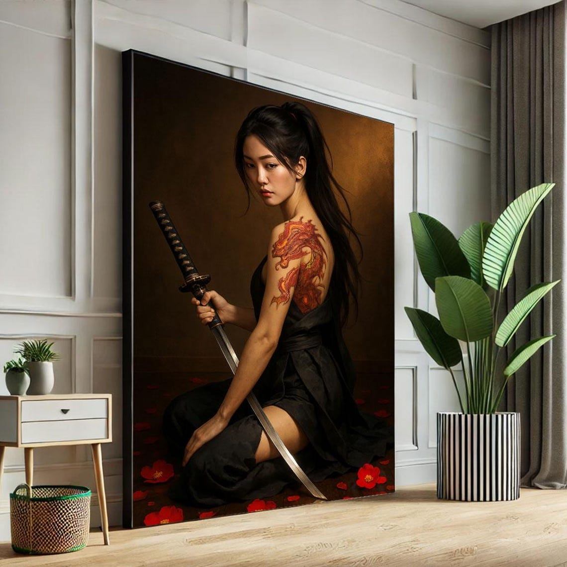 Elegant Samurai Woman Portrait Canvas Wall Art Bold Living Room Decor Statement Piece