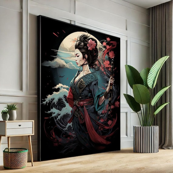 Ukiyo E Geisha With Katana Ocean Wave Japanese Anime Art for Anime Art Lovers Poster