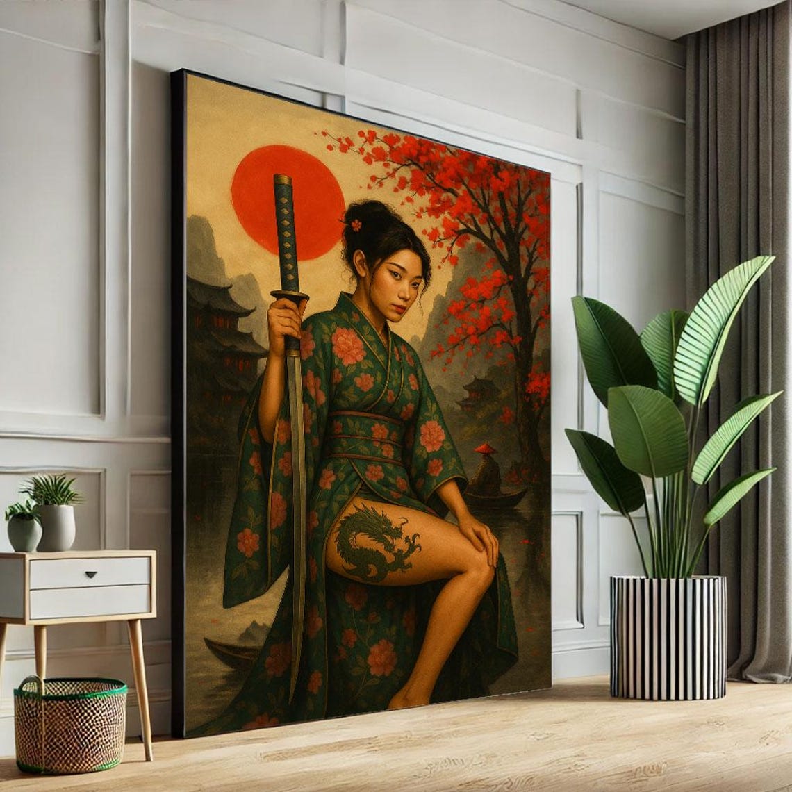 Seated Samurai Woman With Katana Before Red Sun And Pagoda Poster