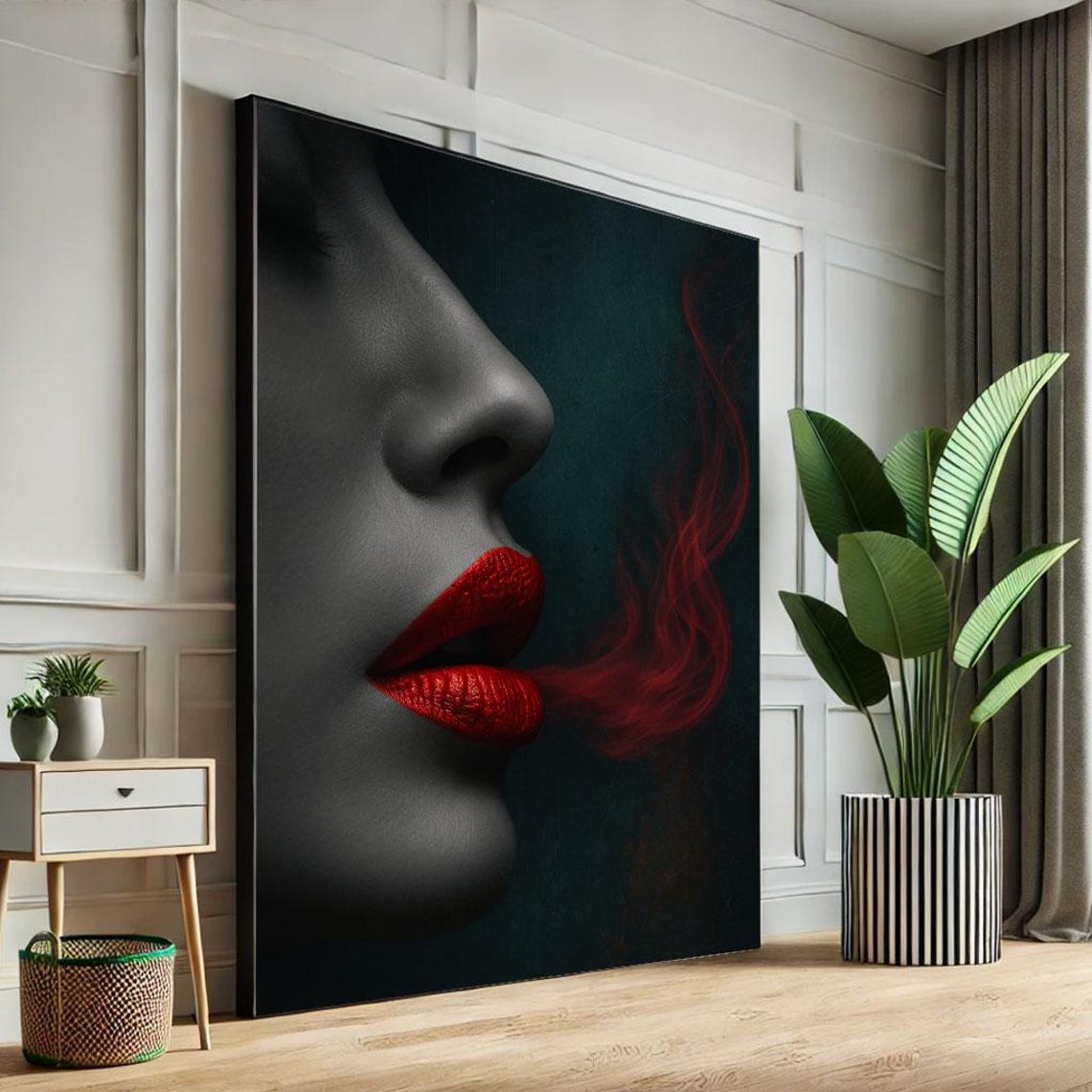 Red Lips Smoking Woman Black and White Dramatic Portrait Poster