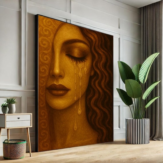 Crying Woman Golden Tears Surreal Emotional Face Close Up Poster