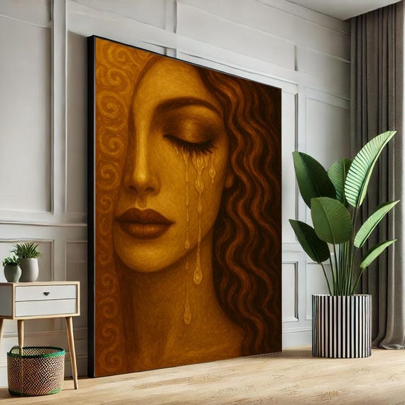 Golden Brown Tears Woman Art Emotional Surreal Canvas Wall Print Warm Gold Portrait For Living Room Decor