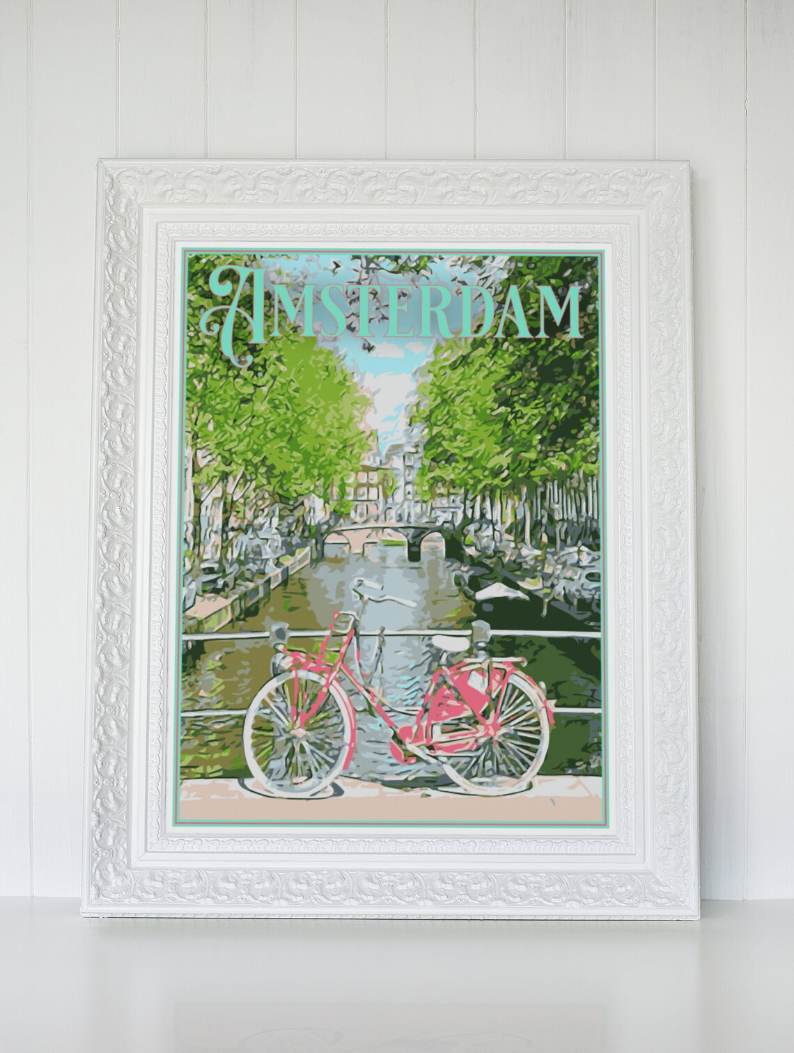 Amsterdam Pink Bicycle Canal Bridge Vintage Netherlands Travel Poster