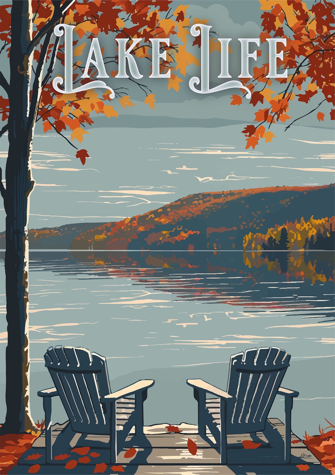 Lake Life Autumn Dock with Adirondack Chairs Relaxing Poster